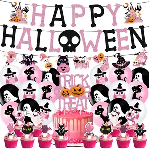Pink Black Halloween Party Decorations Set Happy Halloween Banner Pull Flower Cake Toppers And Latex Balloons
