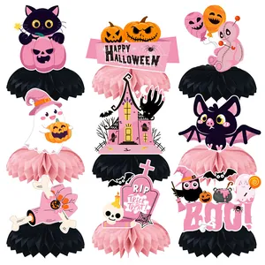 Pink Black Halloween Honeycomb Centerpieces Cartoon Ghost Pumpkin Bat Cat Desktop Paper Decoration Ornaments For Festive Party Supplies