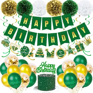 Green and gold birthday party set with banner, paper pom poms, balloons and cake toppers