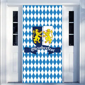 Oktoberfest door banner with blue-white diamond pattern and golden lion crest for party