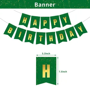 Detail showing green and gold Happy Birthday banner with dimensions for party decor