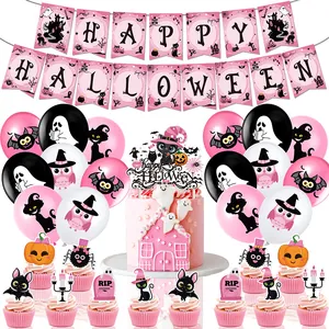 Roze Halloween Feestdecoratie Kit Schattige Banner Grote Taarttopper Kleine Toppers Latex Aluminiumfolie Ballonnen Feestbenodigdheden