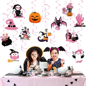 Pink Halloween party decoration set with swirl hanging ornaments and festive tableware