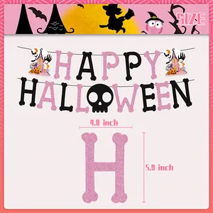 Pink and black glittery Happy Halloween banner with skull and haunted house party decor