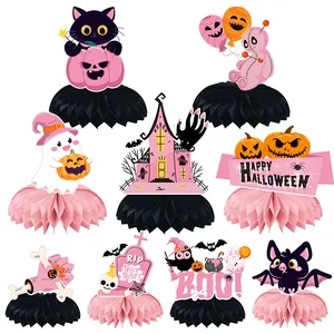 Pink Halloween honeycomb paper centerpieces set with ghosts, pumpkins and bats