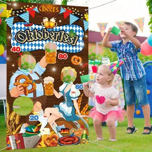 Oktoberfest cornhole bean bag toss game banner with wood grain and festive Bavarian motifs