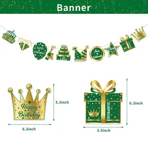 Detail of dark green and gold birthday banner with crown and cake icons showing sizes