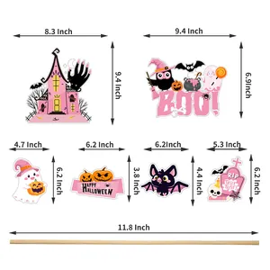 Set bandiere da giardino Halloween rosa e nero con fantasma, zucca e asta in legno