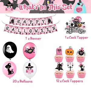 Roze Halloween-feestset met banner, taarttoppers en diverse ballonnen decoratie