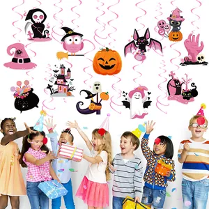 Pink Halloween hanging swirls set featuring cute ghosts, pumpkins and bats for party decor