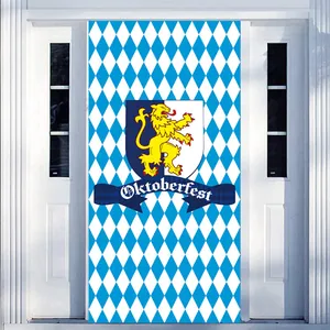 Oktoberfest door banner with Bavarian blue rhombus pattern and yellow lion crest emblem