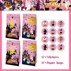 Pink Halloween gift bags set including 12 paper treat bags with matching round seal stickers