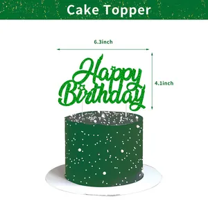 Sparkly lime green glitter Happy Birthday cake topper shown with dimensions 6.3x4.1 inches
