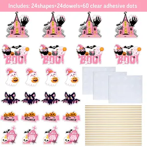 Set decorativo per Halloween con 24 ritagli rosa e arancioni e bastoncini per centrotavola