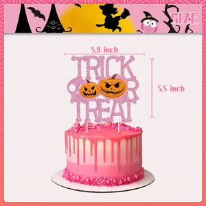 Pink glitter Trick or Treat cake topper with pumpkin designs for Halloween party decor