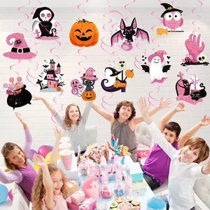 Pink Halloween hanging swirls set with ghost and pumpkin decorations for party venue decor