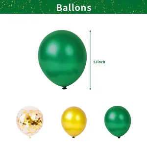 Detail of 12-inch latex balloons in dark green, gold, and transparent gold confetti