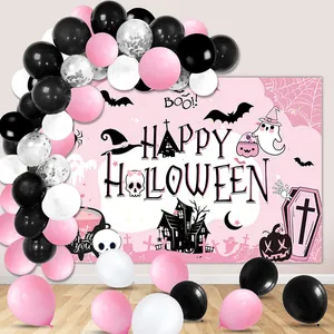 Pink Halloween Party Decoration Backdrop And Balloons Collection Ghost Bat Pumpkin Pattern For Haunted House Celebration Kit