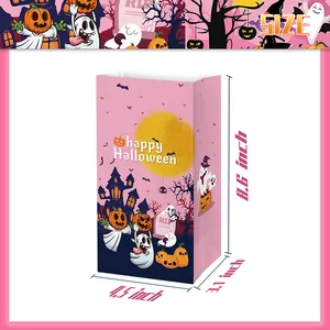 Pink Halloween paper gift bag with spooky cartoon illustrations and size dimensions