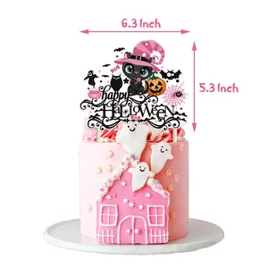 Roze Halloween taarttopper met zwarte kat en pompoen banner voor feestdecoratie