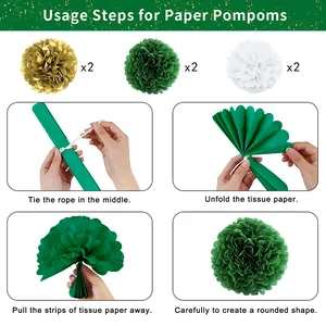Step-by-step assembly guide for gold and green paper pompoms party decorations