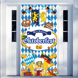 Oktoberfest door banner with blue-white checkered patterns and Bavarian motifs decoration
