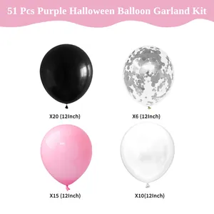 51pcs pink and black Halloween balloon arch kit with silver confetti latex balloons