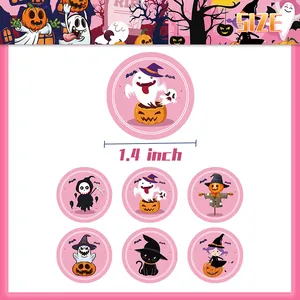 Macro view of 1.4 inch pink Halloween stickers featuring ghosts and pumpkins