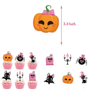 Roze Halloween taarttopper set met schattige pompoen, spook en vleermuis decoraties