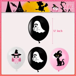 Detail of 12 inch pink and black Halloween balloons featuring ghost and owl prints