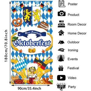 Detail of Oktoberfest party banner featuring Bavarian blue check and lion crest patterns