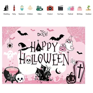 Pink Happy Halloween backdrop with ghosts and bats for party decoration 5x3ft