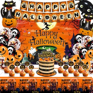 Halloween Party Decoration Set Orange Black Banner Backdrop Tablecloth Cake Toppers Balloons Ghost Theme Party Supplies
