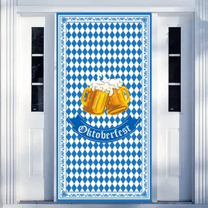 Detail of Oktoberfest door banners with Bavarian blue checks and beer mug illustrations