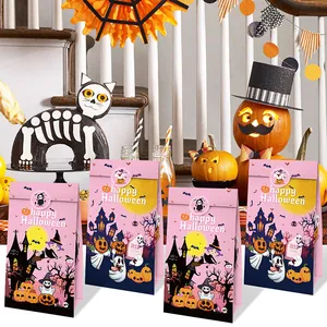 Pink Halloween paper gift bags with castle and pumpkin illustrations on stairs