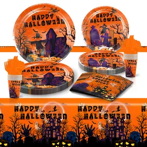 Ensemble de Vaisselle Jetable Halloween Orange Noir Château Hanté Design Citrouille Assiettes en Papier Gobelets Serviettes Couverts Nappe Fête