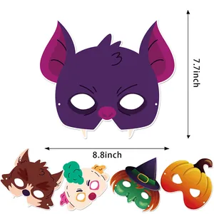 Halloween cartoon party masks featuring bat, pumpkin and witch designs with 8.8 inch width
