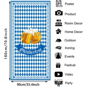 Detailed view of Oktoberfest banner dimensions with blue and white Bavarian patterns