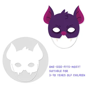 Purple bat mask for kids with elastic strap and age 3-10 sizing info on white background