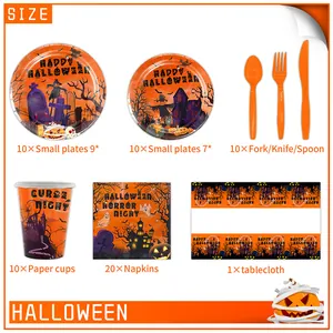 Détails du kit de vaisselle jetable Halloween avec motifs citrouilles et châteaux pour 10