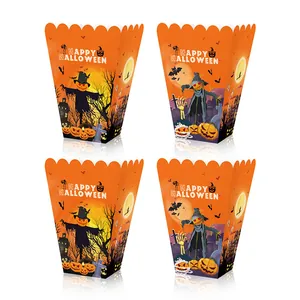 Cajas de Regalo de Fiesta de Halloween de Cartón Naranja Contenedores de Snacks de Palomitas Con Patrones de Calabaza Espantapájaros Murciélago Para Decoración
