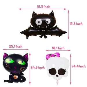 Roze Halloween folieballon set met vleermuis, kat en schedel ontwerpen inclusief maten