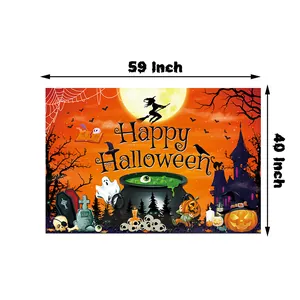 Orange Happy Halloween backdrop with pumpkin, witch and ghost icons, 59x40 inches size
