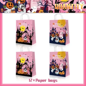 Set of 12 pink Halloween paper gift bags with handles and festive cartoon illustrations