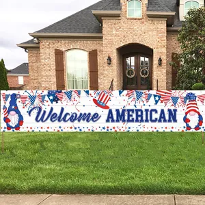 Outdoor Independence Day banner with Welcome American text and cute patriotic gnomes