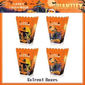 Detalle de pack de 6 cajas de caramelos naranjas de Halloween con dibujos de espantapájaros