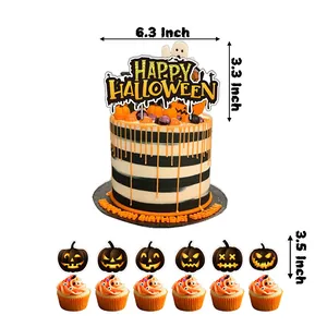 Orange Halloween cake topper set featuring Happy Halloween sign and six pumpkin inserts
