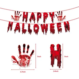Halloween bloody banner set with happy halloween letters and red handprint patterns