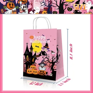 Pink Halloween paper gift bags with handles and festive pumpkin design 8.1x6.2x3.1 inch