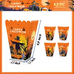 Tabla de tallas detallada para cajas de palomitas de Halloween con calabaza y espantapájaros